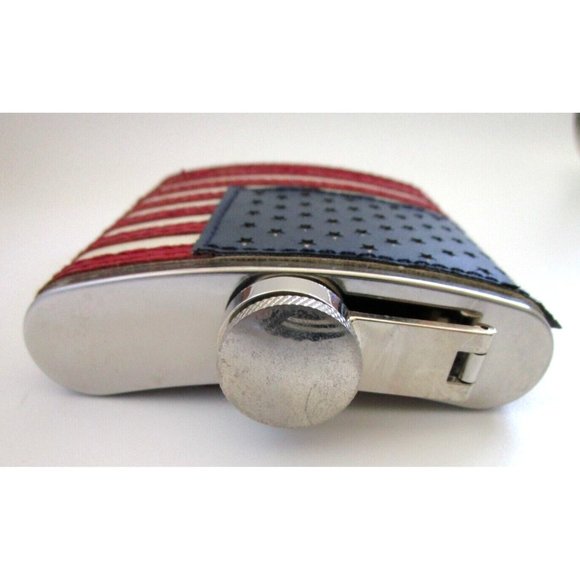 AMERICAN FLAG FLASK USA 6oz Patriotic Stainless Steel Screw Top Stitched Leather - Picture 5 of 14